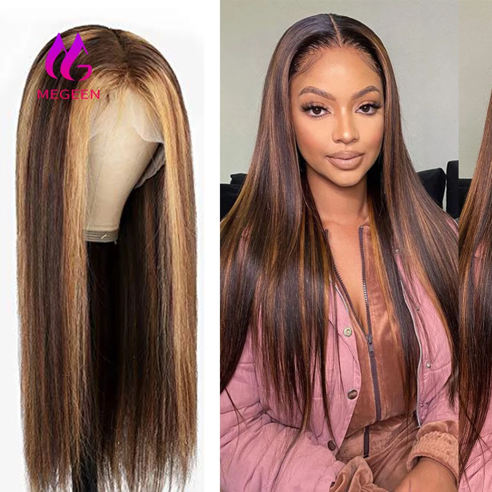 Megeen  P427 Colored 100% Human Hair Highlight Straight 13X4 Lace Front Wig Human Hair Pre Plucked Honey Blonde Lace Front Wig