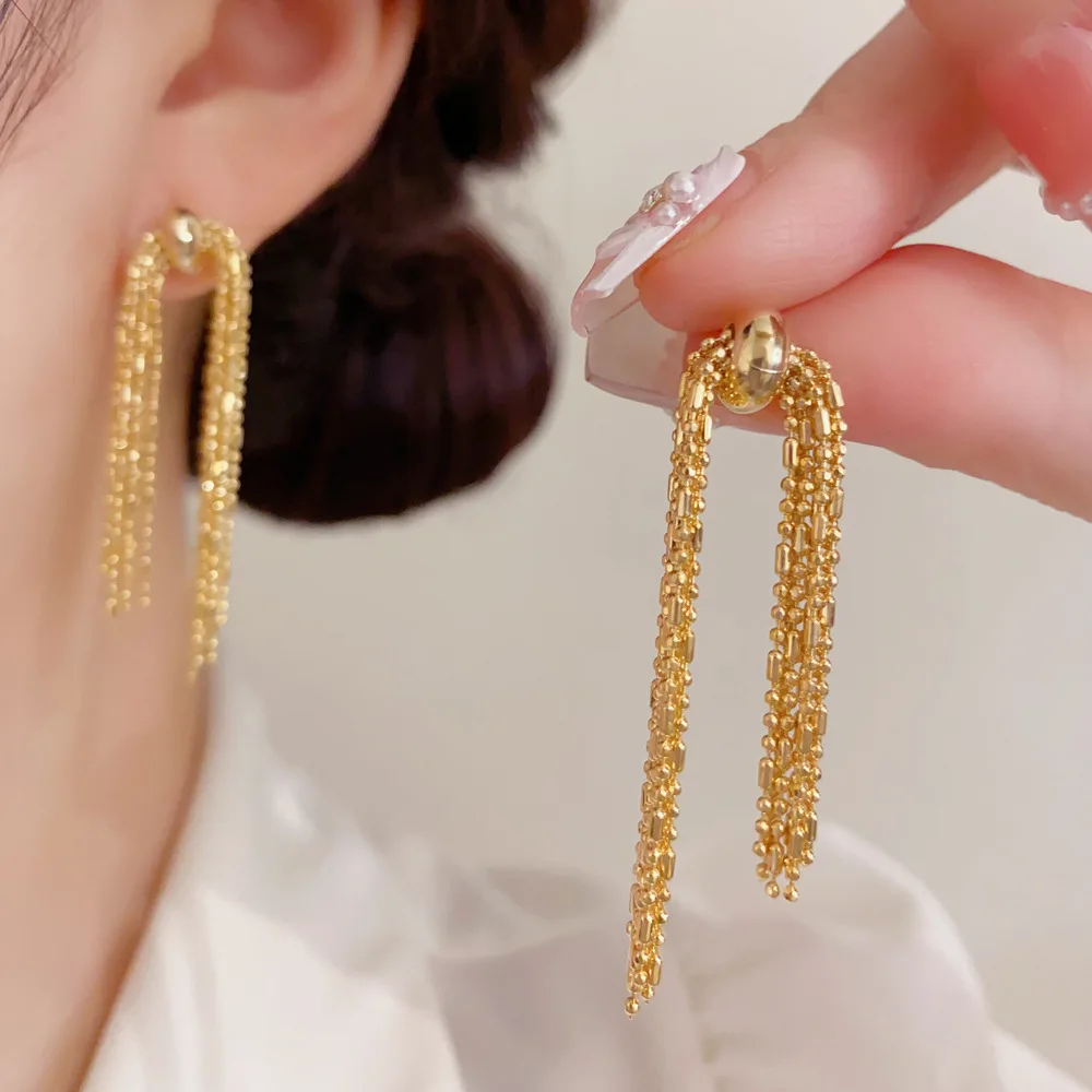 Dazzling Multi Strand Bead Fringe Drop Earrings Golden Ball Accent Dazzling Waterfall Tassel Party Statement Earring