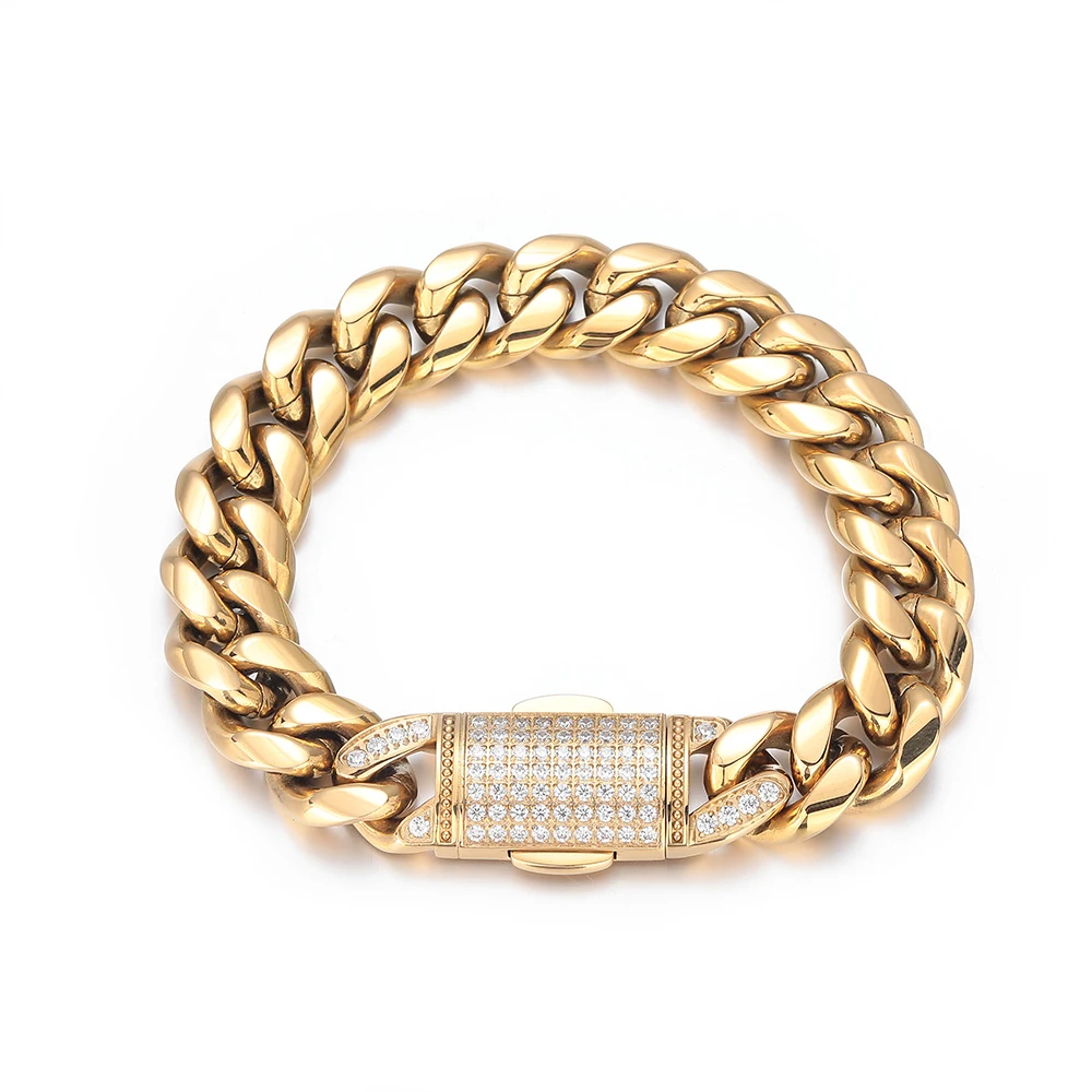 

NY Boutique Jewelry 12MM Wide Gold-Plated Lock Buckle iced out Cuban Necklace Bracelet Fashionable Hip-Hop Style