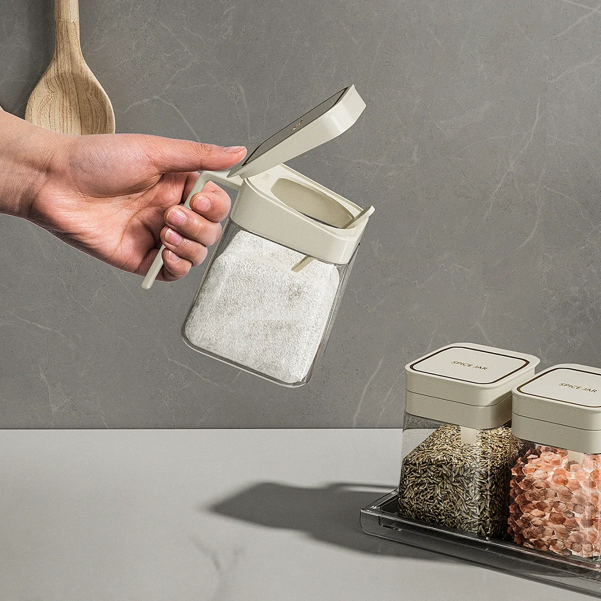 Spice Jar with Handle Press to Open Food-grade Lead-free Glass Sealed and Moisture-proof Kitchen Salt and Sugar Storage Jar