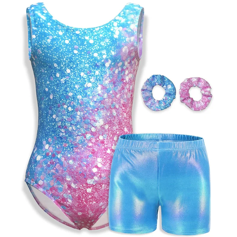 4-teiliges ärmelloses Leibchen für Mädchen, Ballett-Tanz-Trikots für Mädchen, Gymnastik-Tanz-Tumbling-Outfits mit passenden Shorts-Haarbändern
