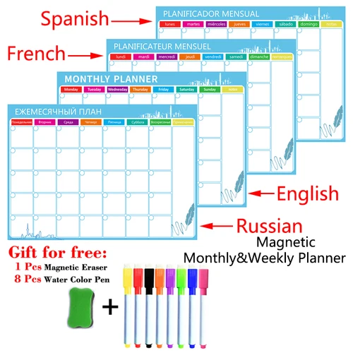 Planificador semanal mensual magnético tamaño A3, calendario, mesa, pizarra blanca de borrado en seco, pegatina para nevera, ruso, inglés, español, francés