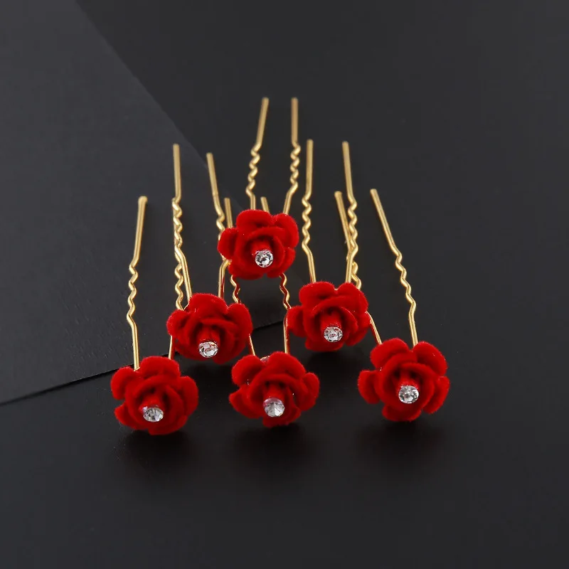 

100 шт., бордовые бутоны роз, вилки для волос и складки, цветы для волос, прическа невесты, заколка для волос