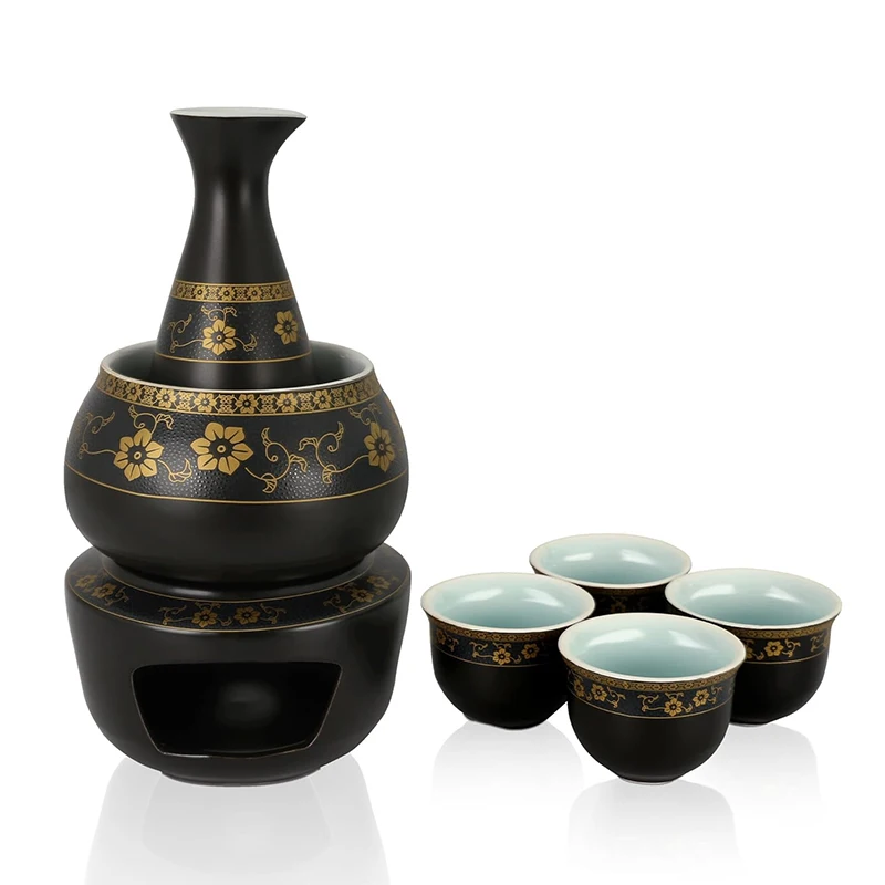 Janpanese Sake Set with Wamer, Ceramic 7pcs Wine Set with 1  Carafe 4 Sake Cups 1 Sake Warmer 1 Candle Stove