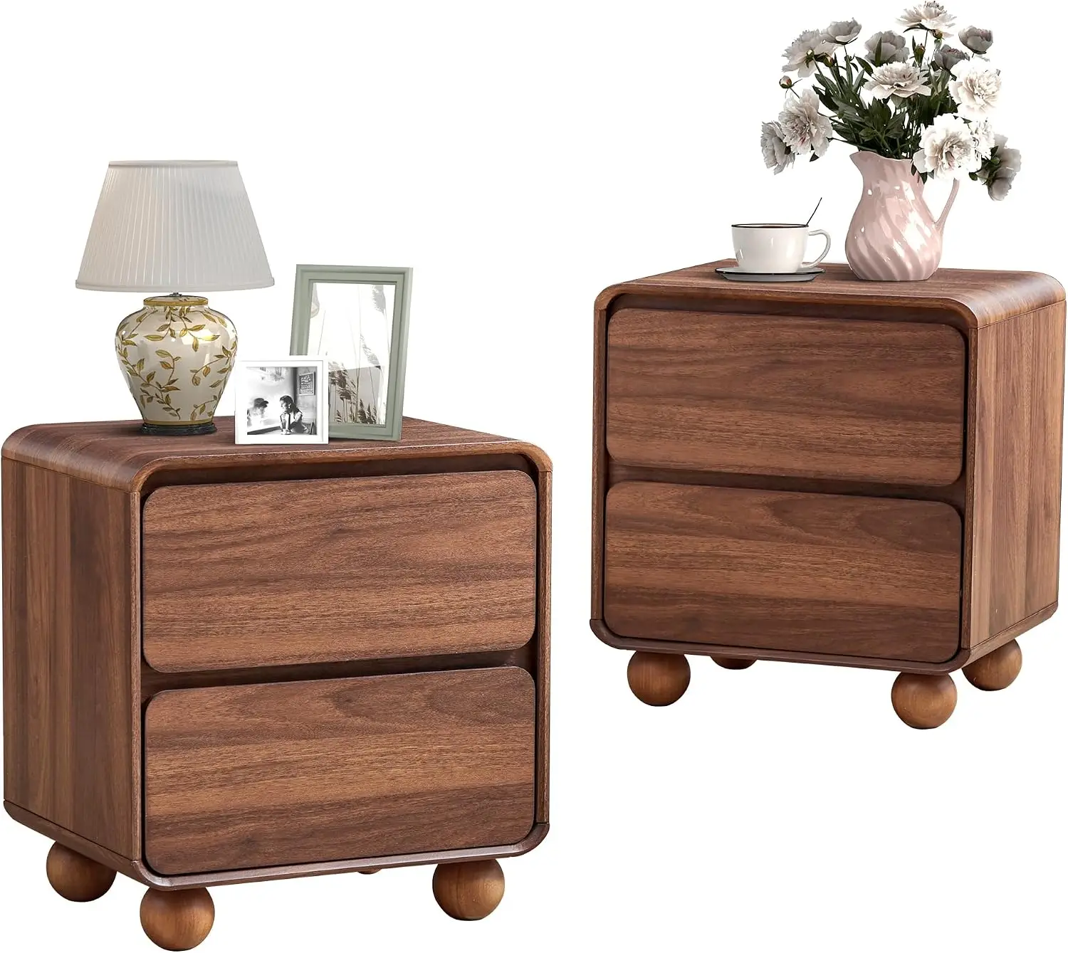 Night Stand Set of 2, Mid Century Modern Nightstands with 2 Drawers, Walnut | Small Nightstands Set of 2, 2 Drawer Dresser
