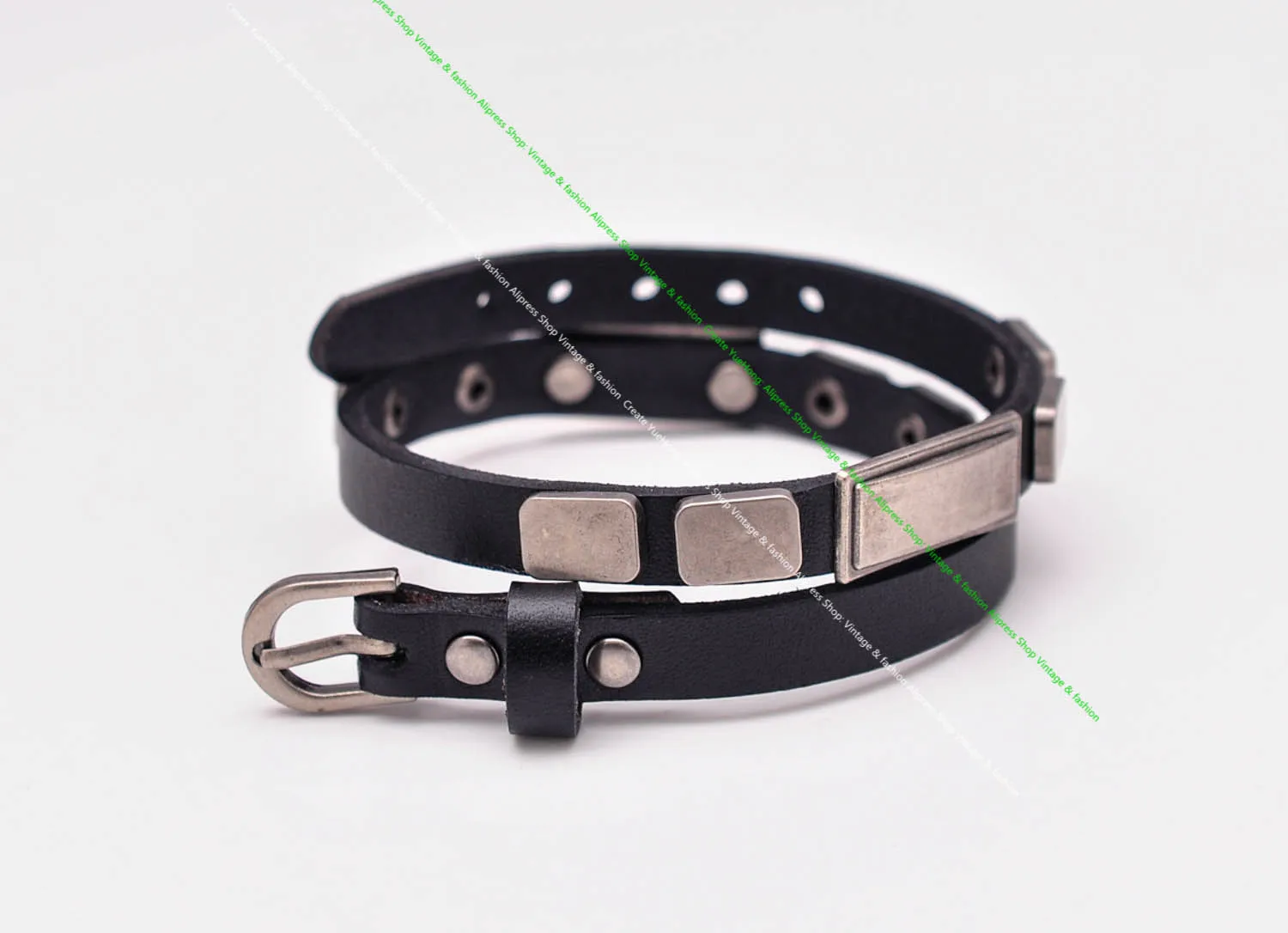 G396 Black New Tag Studded Double Wrap Genuine Leather Wristband Bracelet Cuff New