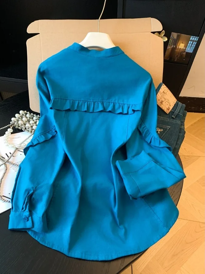 New 2026 Women's Loose Fit Long Sleeve Shirt Lake Blue Oversized Fashionable Wood Grain  Shape Top Elegant Good Looking