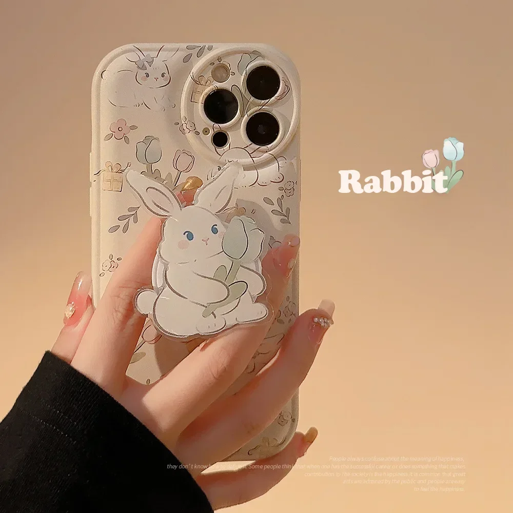 Garden rose rabbit cartoon bunny Bracket shell Phone Case For iPhone 16 15 14 13 12 Pro Max Xr 14 16 Plus Case Cute Soft Cover