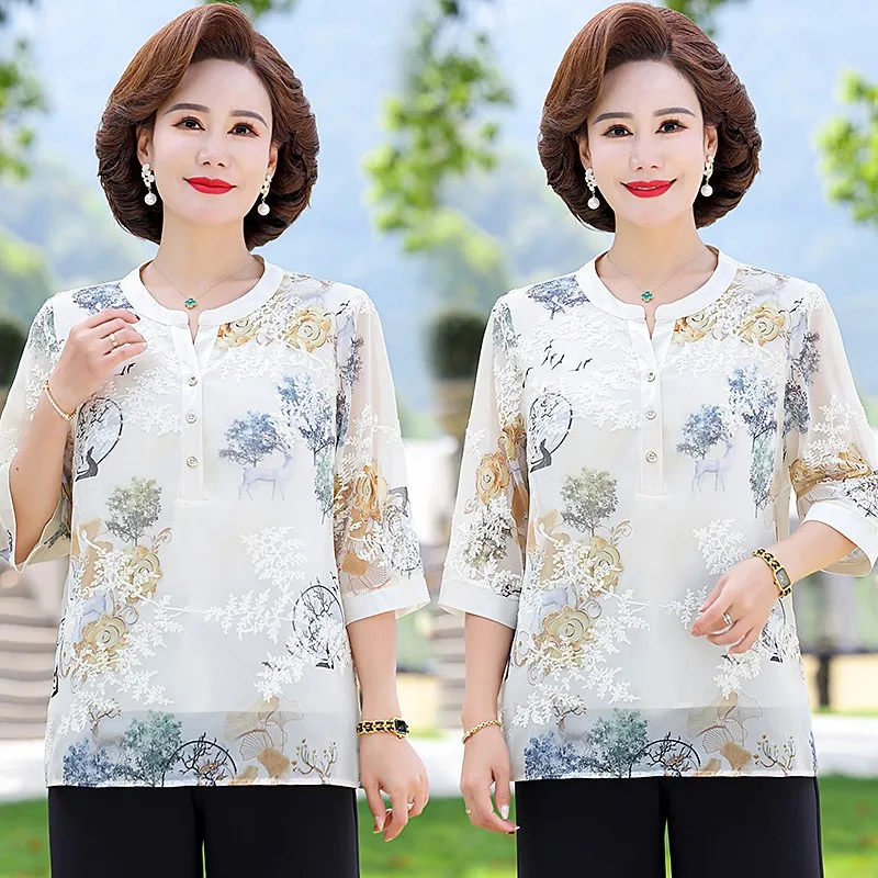 Elegant Fashion Printed embroidery Gauze  Blouse Shirt Summer Half sleeve V-Neck Loose Pullover Tops Women Clothing