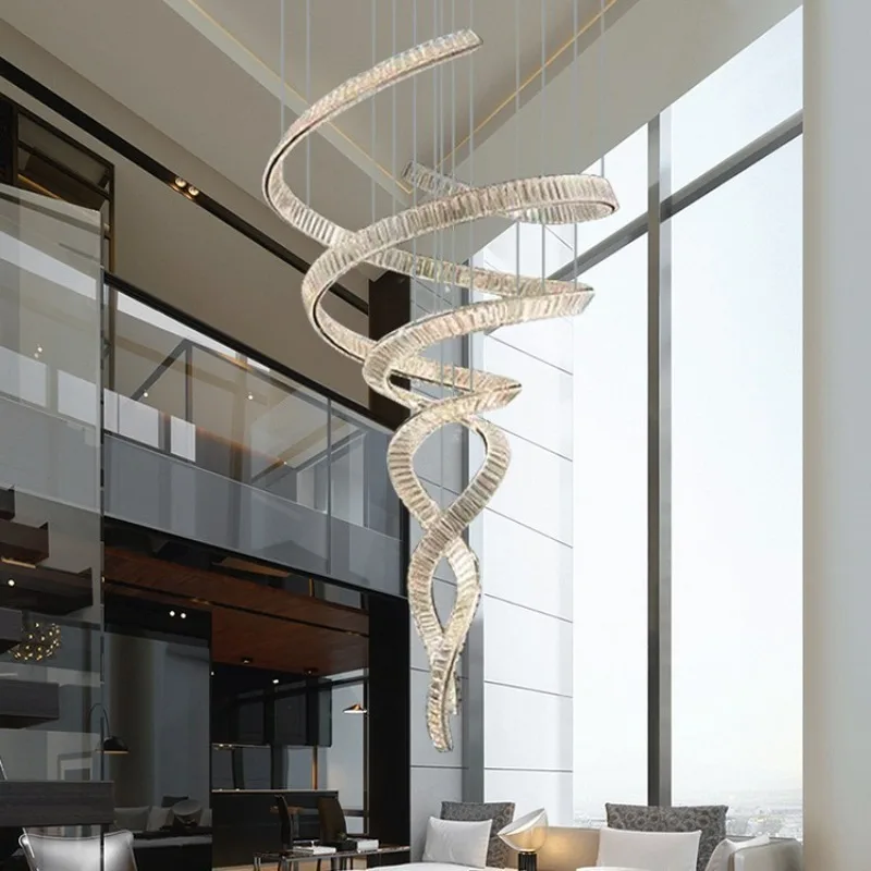 Living room crystal chandelier light luxury duplex building hollow loft staircase streamer chandelier