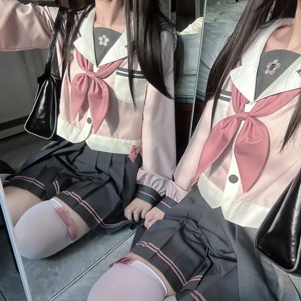 اليابان JK تنورة قصيرة دعوى بحار الملابس ذهبية ربطة القوس فيونكة Kawaii فتاة الوردي رمادي كم طويل البحرية طوق القوس النمط الجماعي
