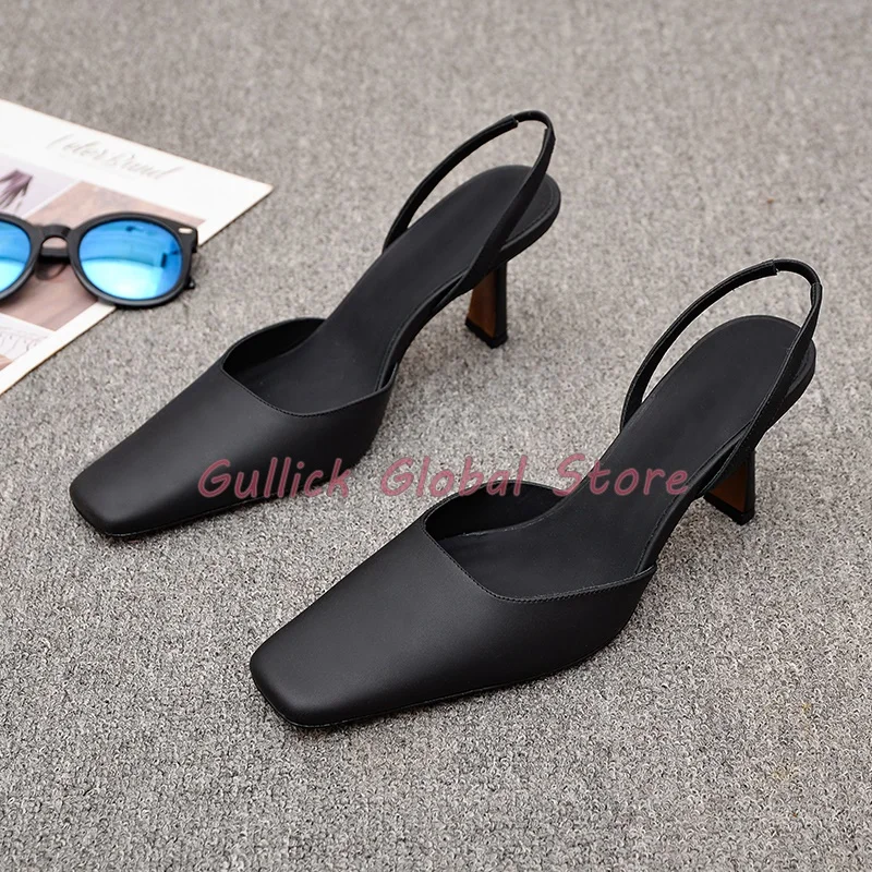 

Genuine Leather Square Toe Shallow Black Stiletto Elastic Band Sandals Summer Dress Casual Comfortable Breathable Women Shoes