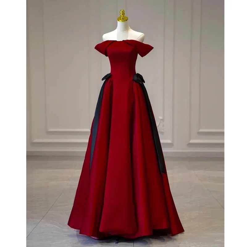 Evening Dresses Burgundy Satin Bow Boat Neck Lace Up Short Sleeves Pleat Floor-Length A-Line Party Formal Gown