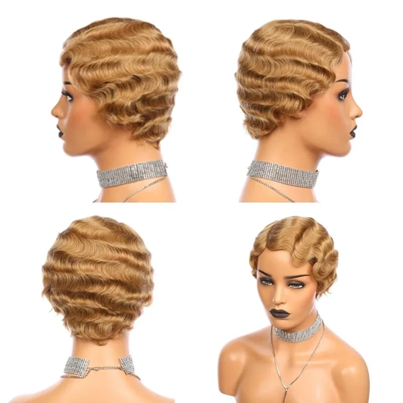 Short Pixie Cut  Hair Wigs Finger Wave Blonde Wig Glueless Wigs