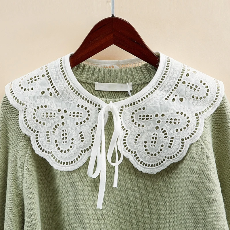 M6CC Womens Hollow Out White False Fake Collar Jacquard Floral Lace Big Shawl Necklace Short Poncho Capelet