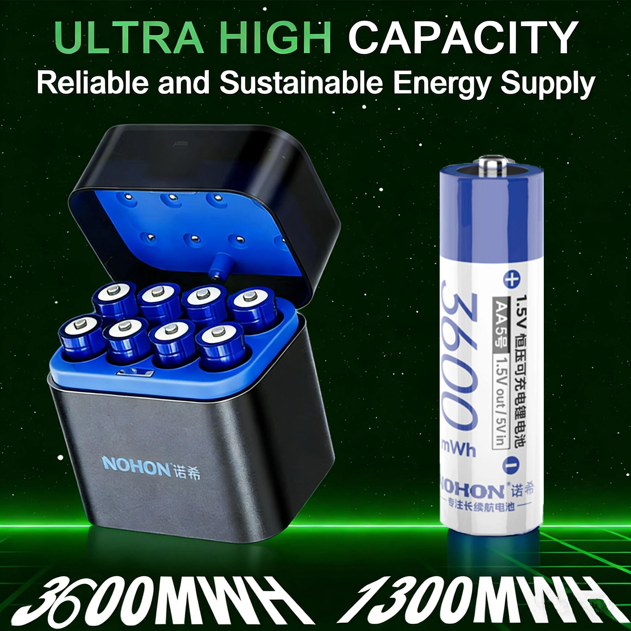 NOHON Batterie AA ricaricabili agli ioni di litio da 1,5 V 3600 mWh Batteria AA AAA ad alta capacità e lunga durata Caricabatteria di ricarica Ni-MH