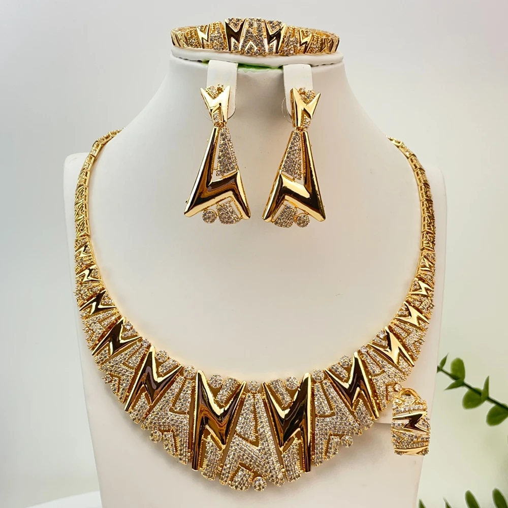 Fashion Trendy Women Jewelry Set Simple Style Gold Color Zircon Necklace Earrings Bracelet Sets Girls Birthday Gifts FHK29742