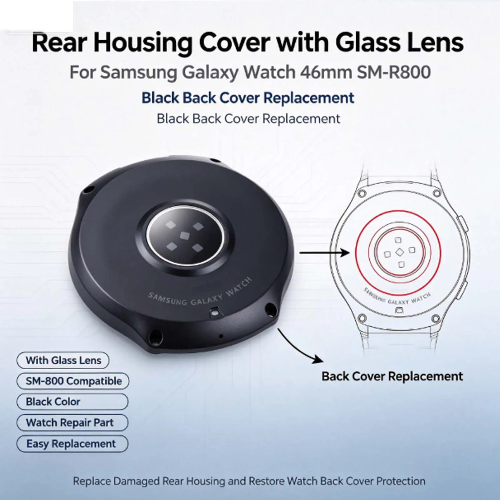 Rear Housing Cover with Glass Lens for Samsung Galaxy Watch 46mm SM-R800 / Galaxy Watch 42mm SM-R810