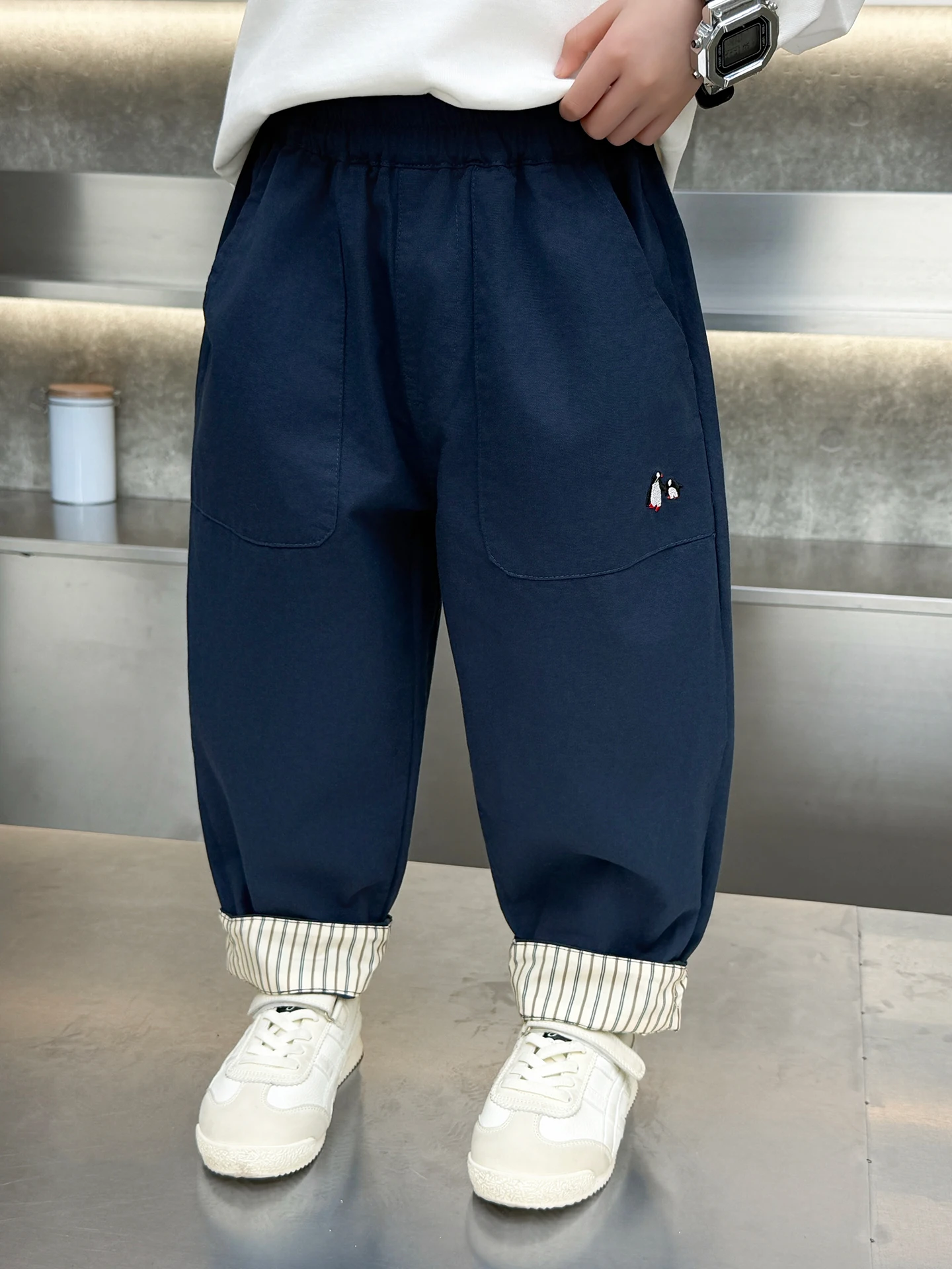 

Новые весенние повседневные свободные брюки для детей в рабочем стиле, с высокой талией, эластичные, из хлопка, прямого кроя, для юношеской энергии и моды