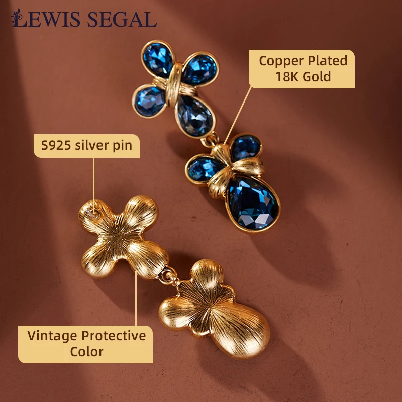 LEWIS SEGAL Crossed Dark Sapphire Drop Earrings for Women Independent Girl Luxury Medieval Style Fine Jewelry 18K Gold Plated