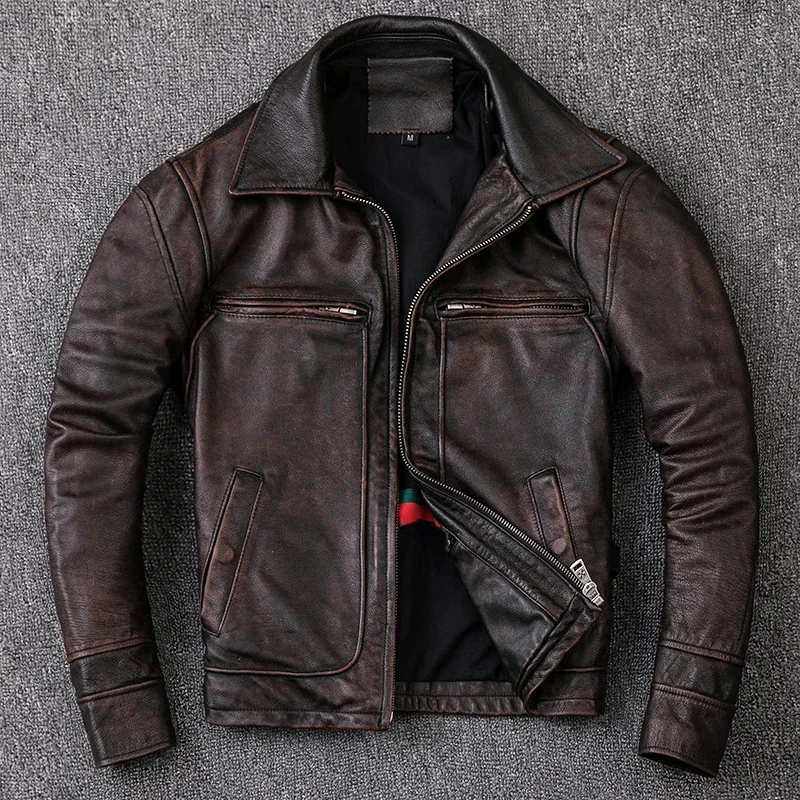 

Genuine Men Leather Jacket New Cowhide Coat Man Clothes Vintage Style Motorcycle Biker Jackets Plus Size 134cm