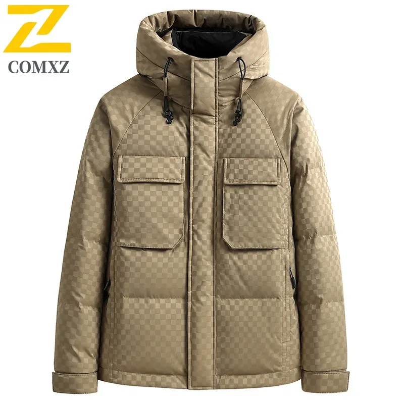 COMXZ Men Puffer Coat Leisure Hooded Outdoor Snow Skiing Windproof Warm Parka Lattice Design Travel Cold Protection Winter Coat