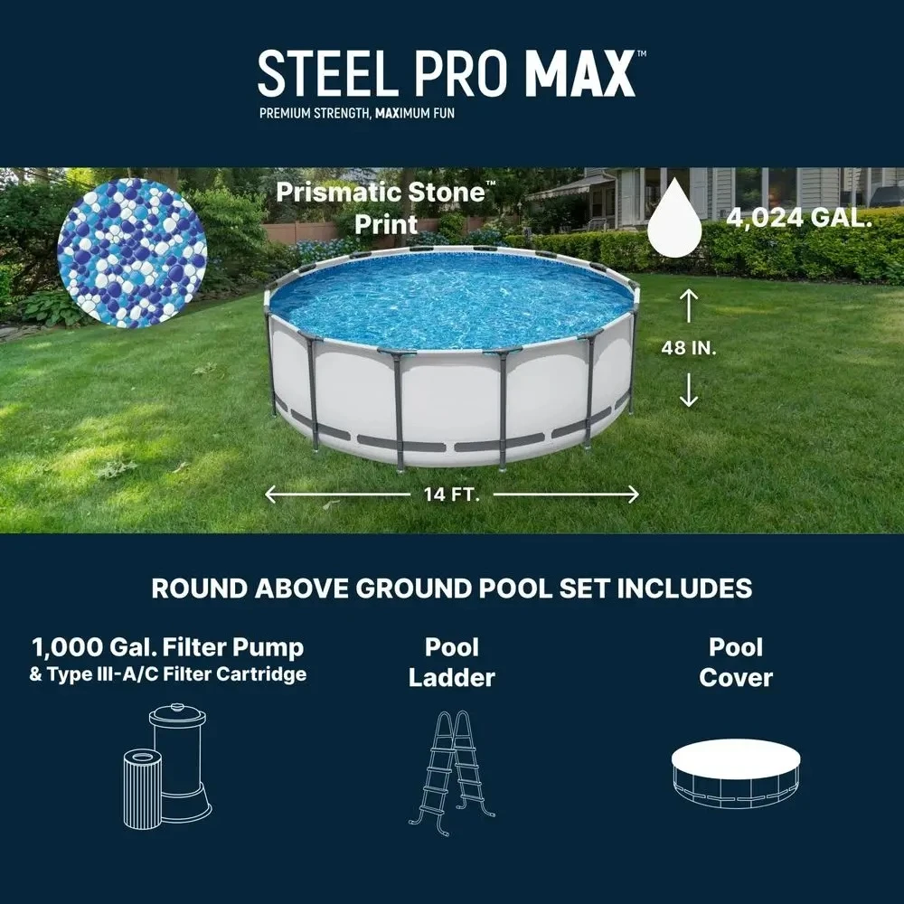 Pro MAX 14 x 48 Above Ground Pool, Round Metal Frame Outdoor Swimming Pool Set with Filter Pump, Ladder, and Cover, Gray