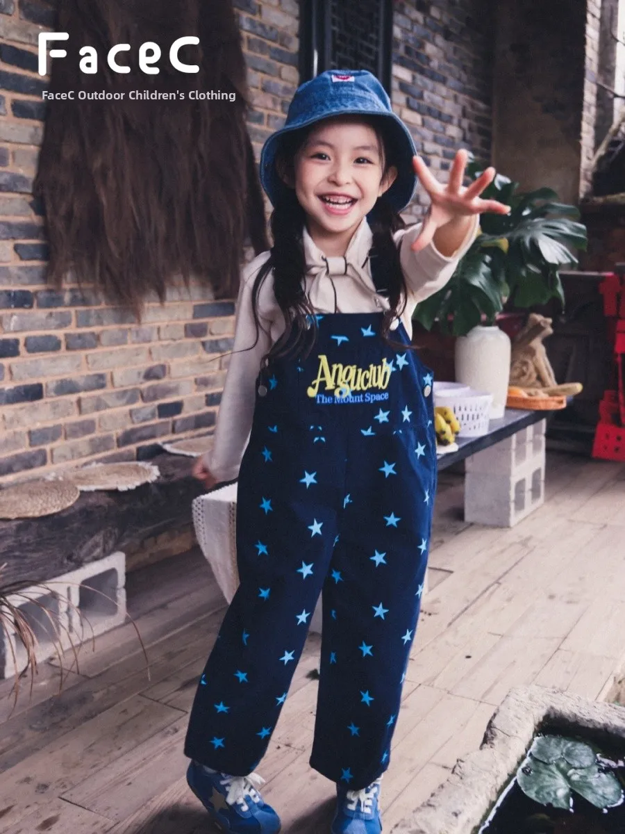 Outdoor Star Embroidery Pure Cotton Camping Overalls for Girls Spring Autumn New Style FaceC Mountain Series Long Pants