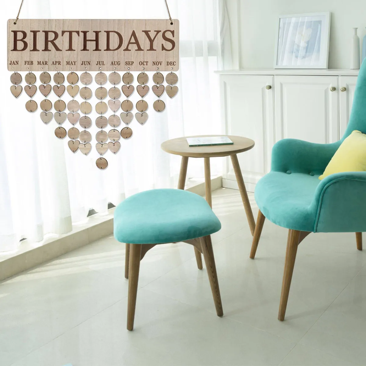 

Wooden Calendar Birthday Anniversary Reminder Nordic Style Board Hanging Rope Round Discs DIY Family Friends Celebration Wall
