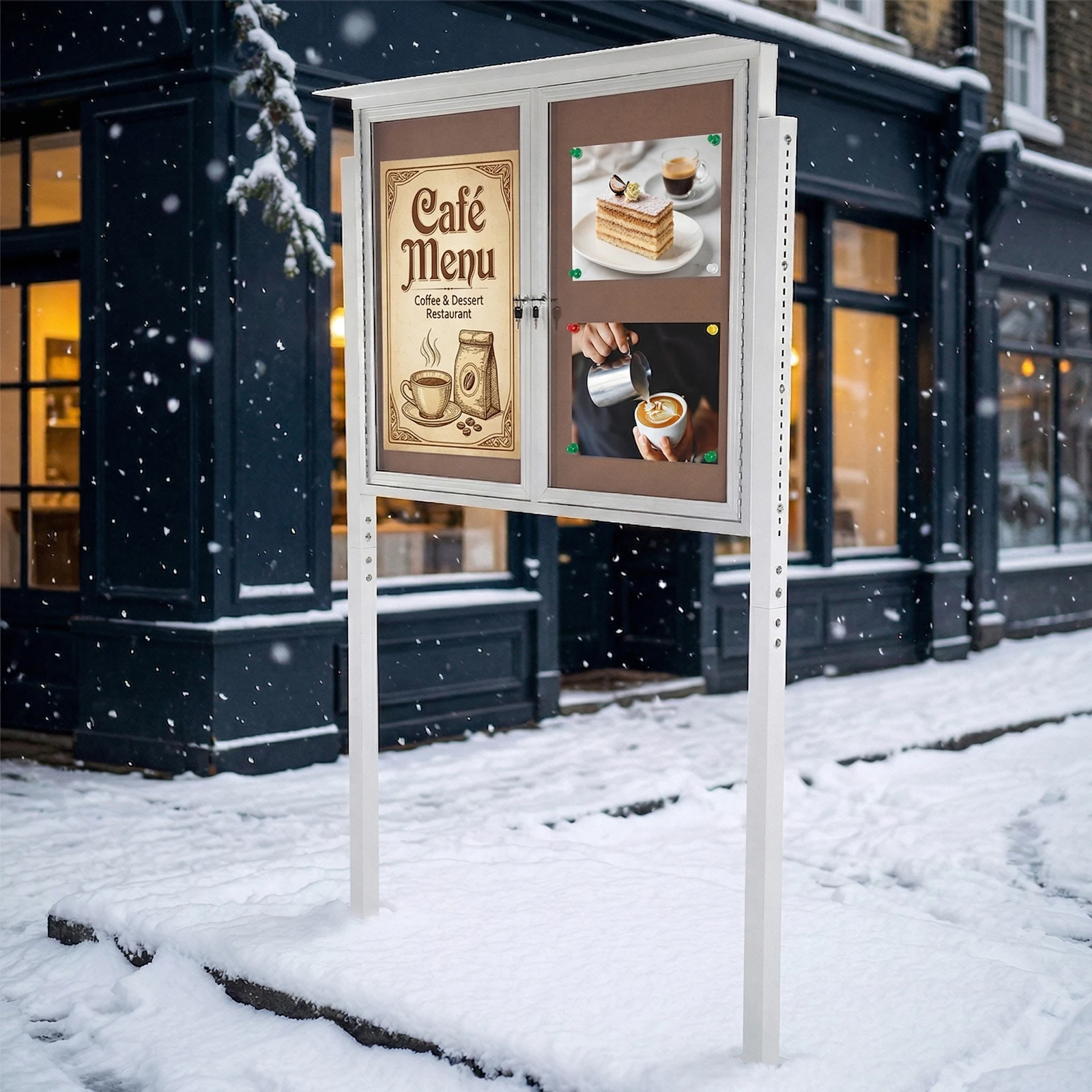 Display Case with Lockable Door 48x36inch/36x24inch Aluminum Frame and Metal Pole Weatherproof for Office Restaurants