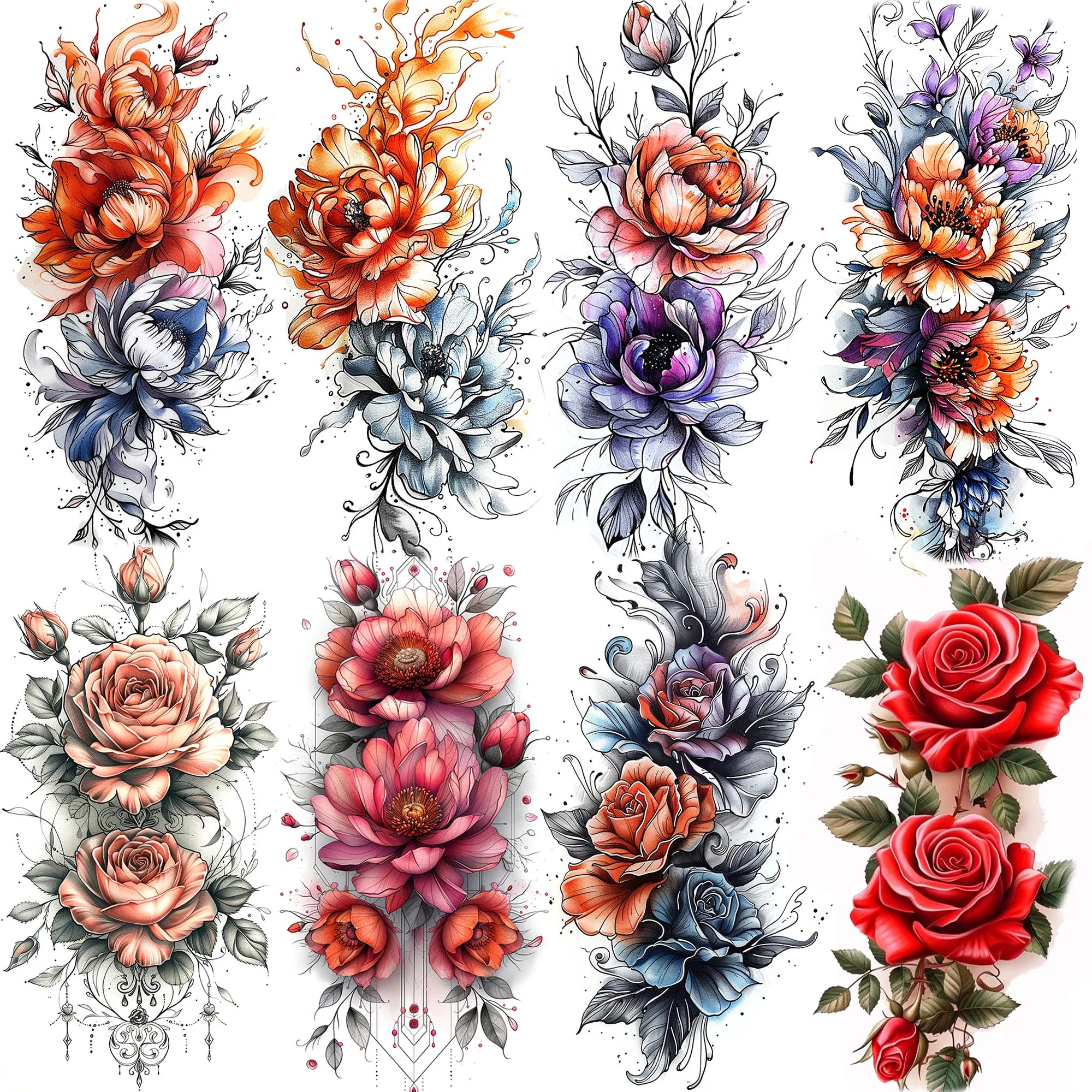 

1 Sheet Watercolor Peony Rose Flowers Temporary Tattoos For Women Body Art Tatoos Waterproof Fake Tattoos Arm Back Leg Stickers