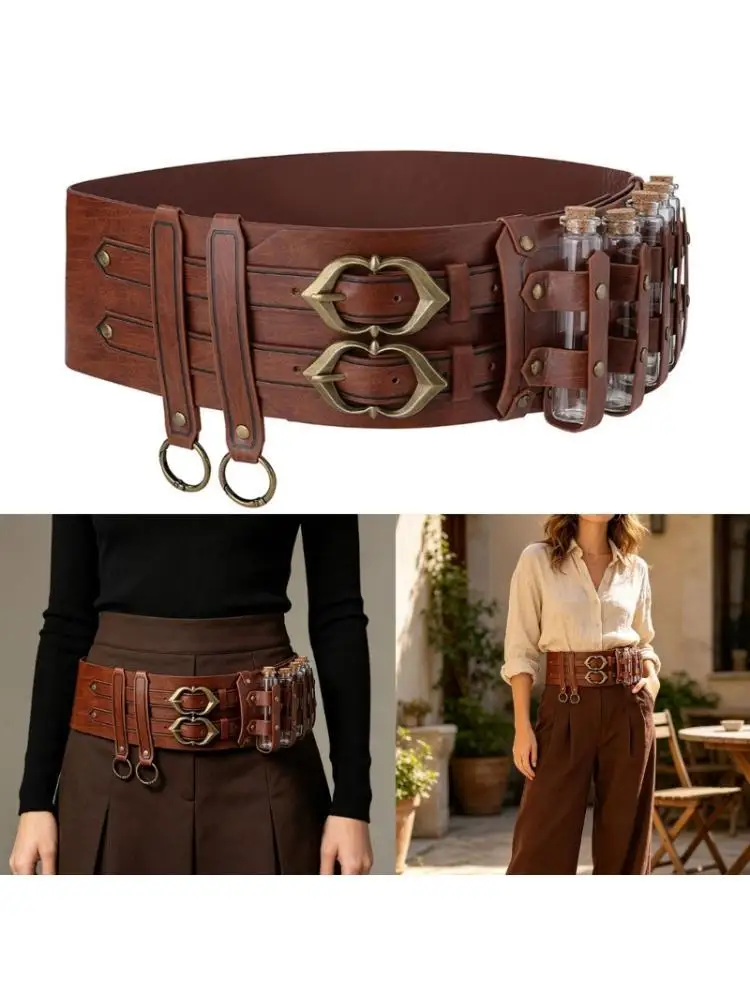 A52E Cosplay Waist Belt for Adults, Wide Medieval Faux Leather Accent for Party Wear, Photo Use, and Stage Looks Daily