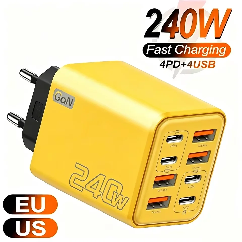8 in 1 GaN USB PD Desktop Charger 240W Fast Charging Phone Adapter Type C Cable For iPhone Samsung Xiaomi EU/US/UK Plug Charger
