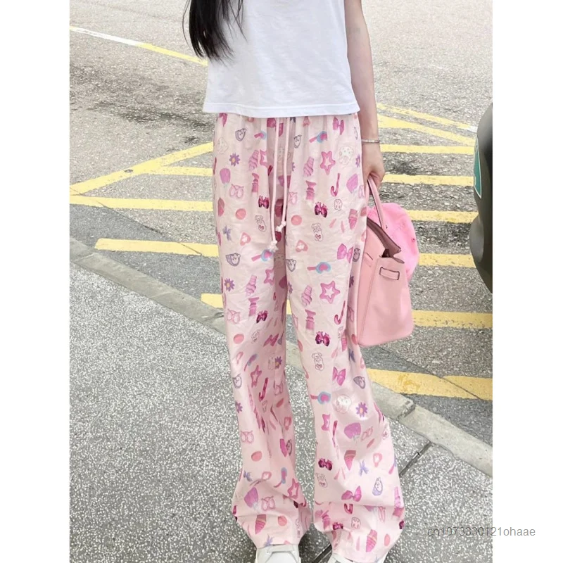 Korean Style Cartoon Pink Wide Leg Pants For Women Spring Summer Drawstring Loose Trousers Y2k Female Sweet Full Printed Pants