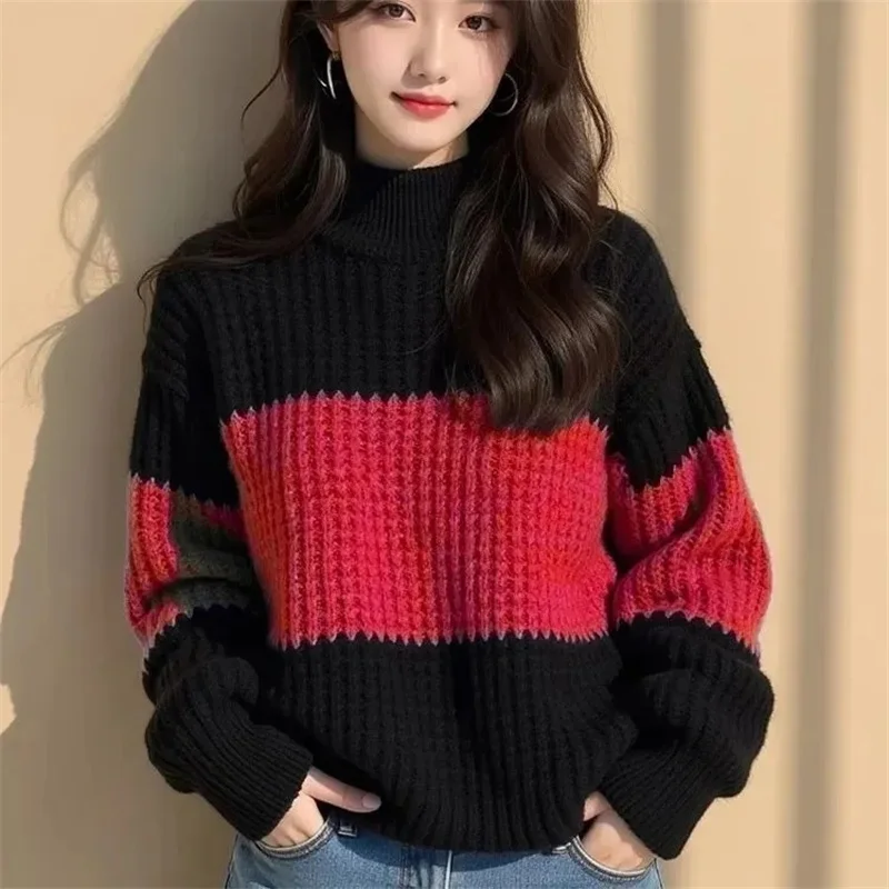 

Cross Border Color Blocking Thick Thread Loose Sweater Women's New Winter Fashionable And Stylish Unique Knitted Lazy Base Top