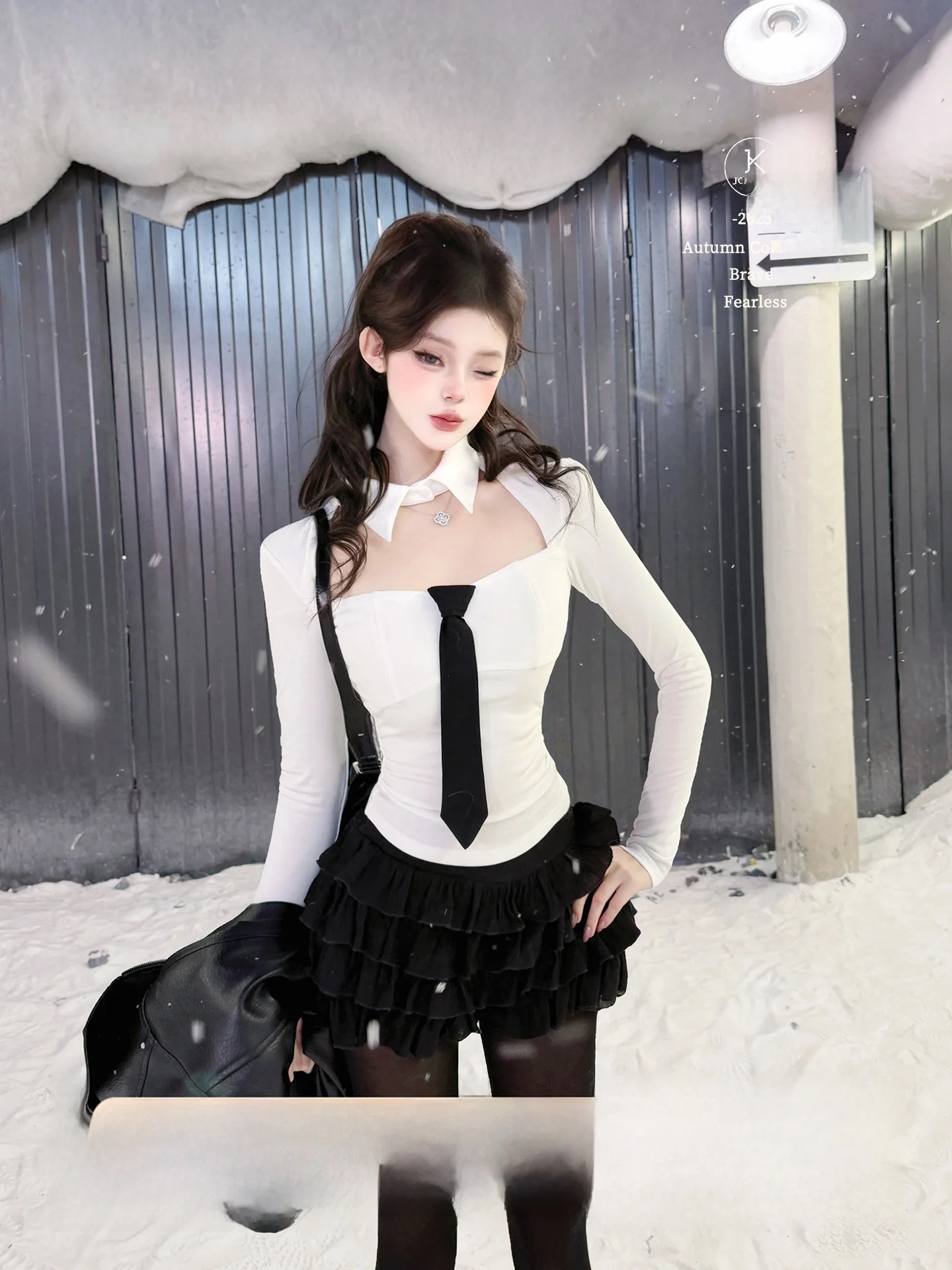 

Joykiki Autumn Winter Slim Fit irt with Tie Design Breathable Comfortable College Sle Hollow out Design Girl's Faion