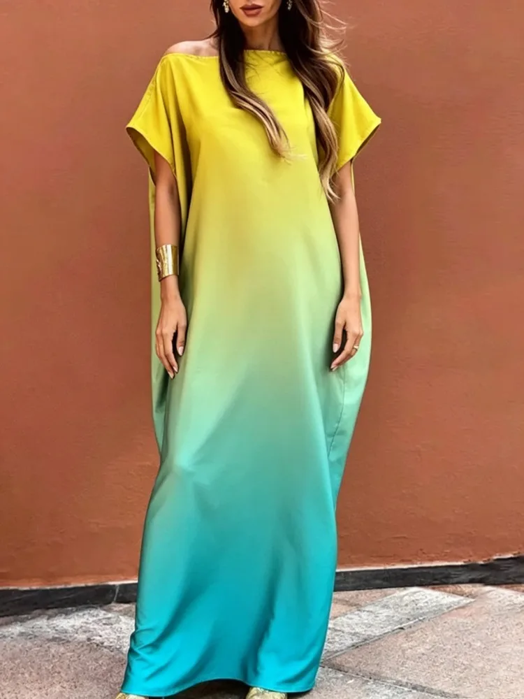 

Women Gradient Maxi Dress 2025 women's casual dresses Yellow Blue Off The Shoulder Short Sleeve Elegant Party Evening Dress