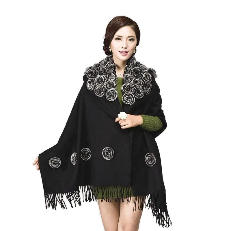 Wool Scart Brand Winter Shawl Womens Warm Scarves Rabbit Fur Flower Elegant Thick Capes Fashion Scarf Women Brand Scart