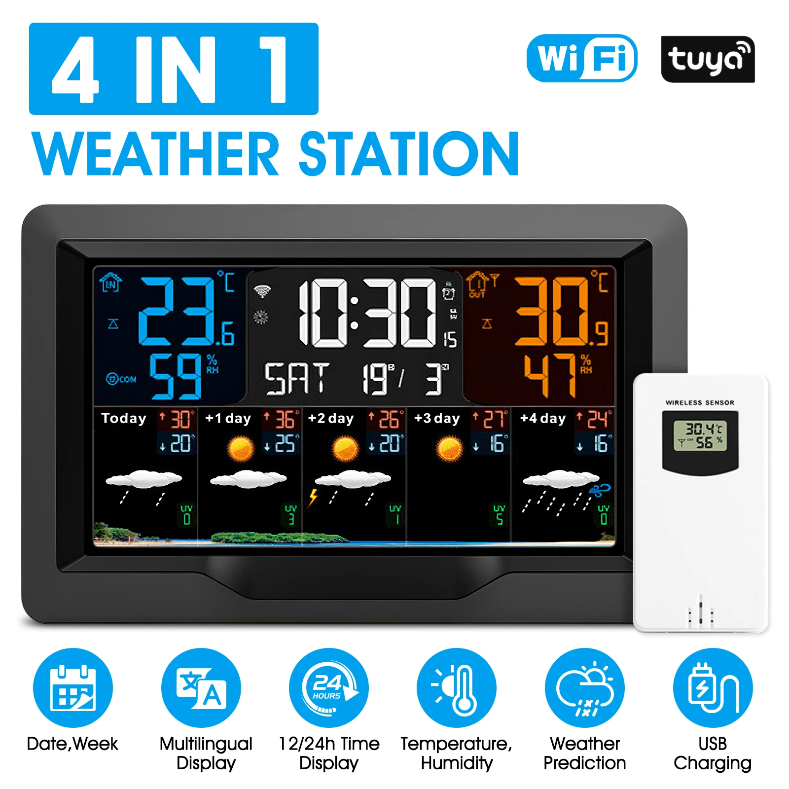 WiFi Weather Station 4-in-1 with TUYA APP, Weather Stations Wireless Indoor Outdoor Featuring Date and Week Display, 12/24H