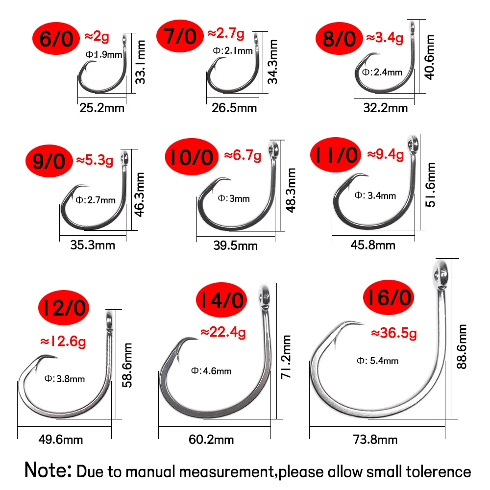 Elllv 6/0 - 18/0 Saltwater Fishing Stainless Steel Circle Hook Big Game Bait Hook for Deep Sea Tuna Shark Trolling Fishing