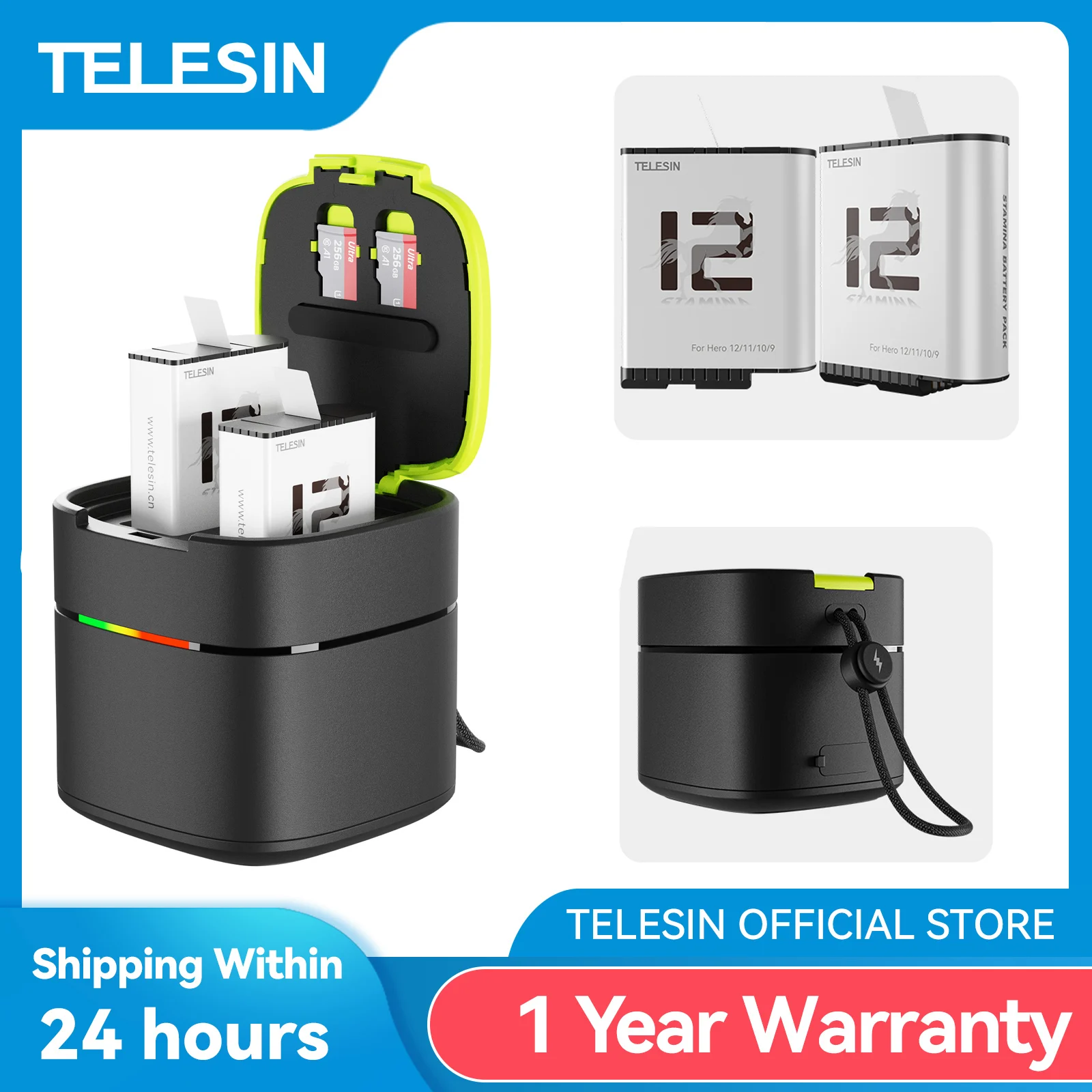 

TELESIN Endurence Fast Charging Battery For GoPro Hero 12 11 10 9 1750 mAh Low Temperature Battery Charger Box For Hero 9 10 11