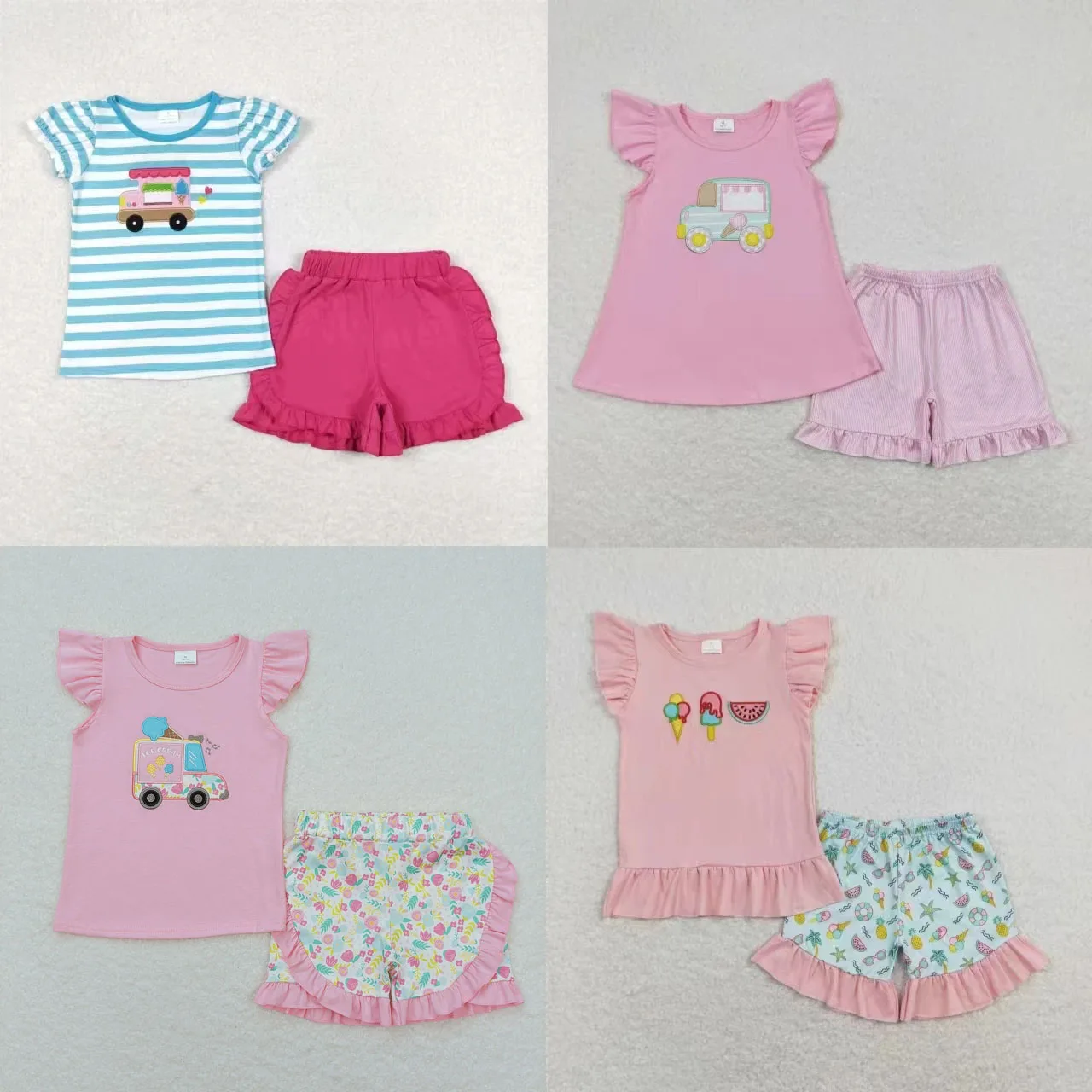 

Wholesale Baby Girls Summer Set Kids Children Short Sleeves Embroidery Popsicles Two Pieces Outfit Toddler Ruffle Shorts Clothes