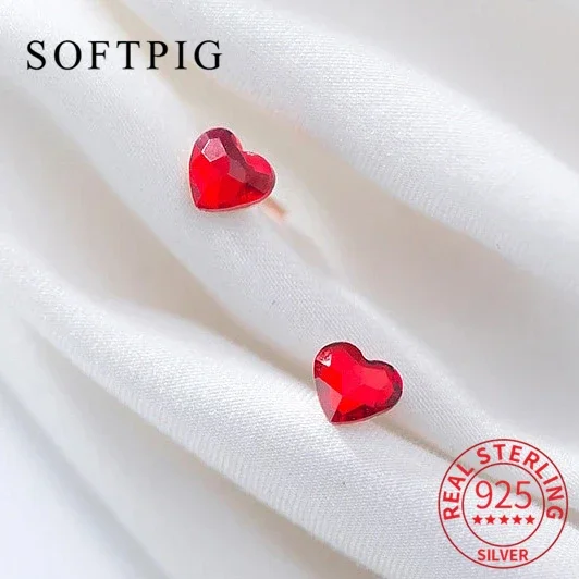 SOFTPIG Real 925 Sterling Silver Red Zircon Heart Stud Earrings For Fashion Woman Party Fine Jewelry Cute Minimalist Bijoux