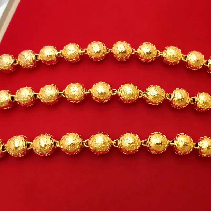 9999 Gold Fu Character Cloud Pattern Necklace Hollow Beads Round Beads Buddhist Bead Necklace for Men