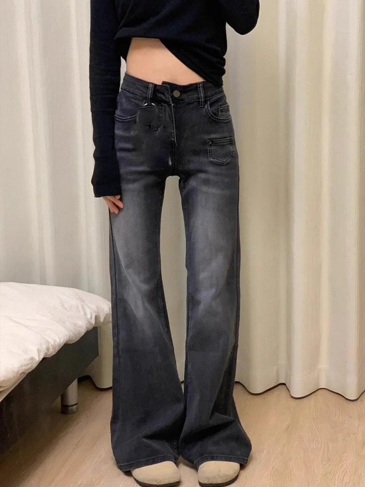 Design sense street micro flared jeans for women in autumn and winter retro high waisted slimming fashion floor pants