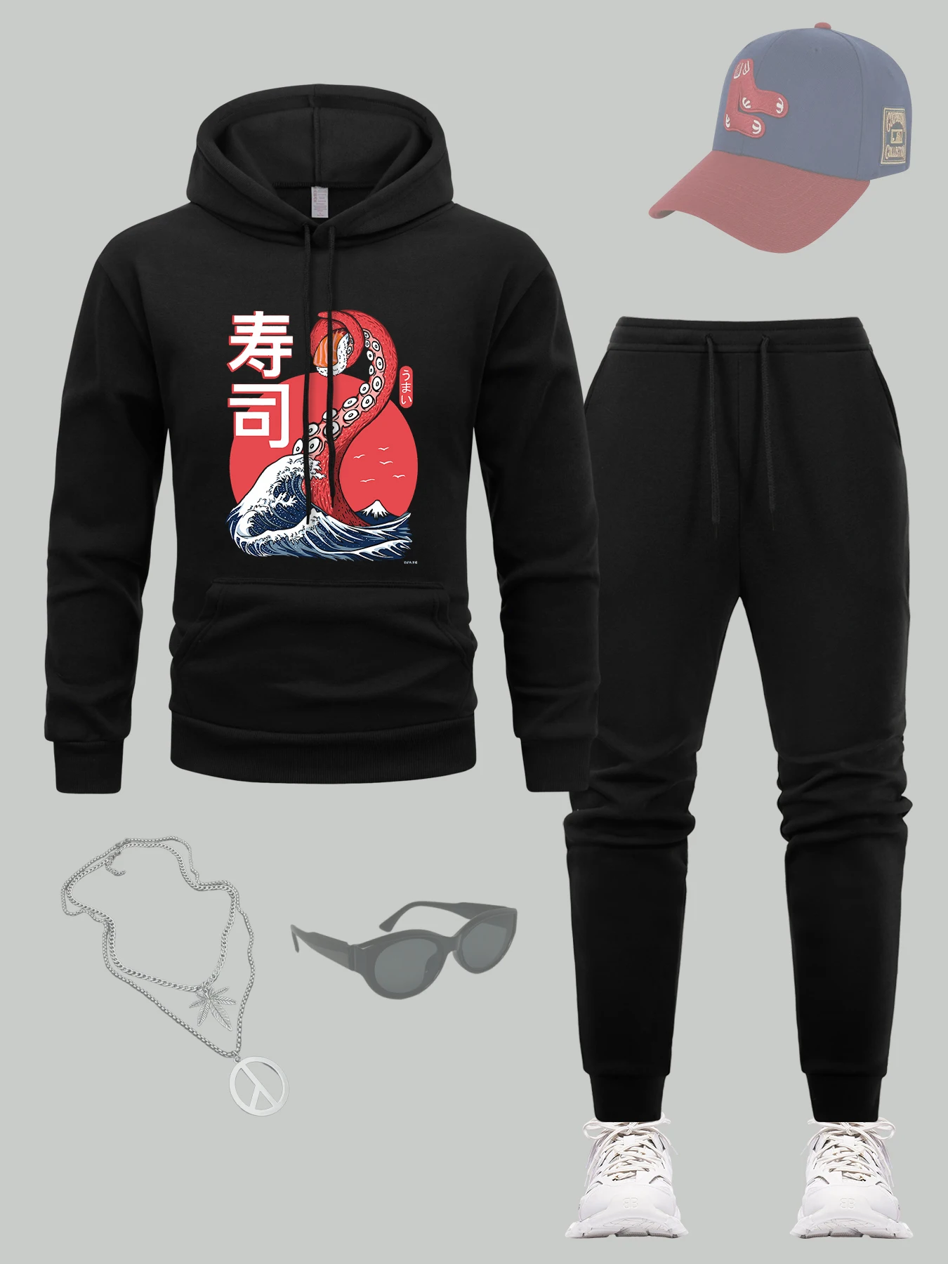 

Japanese Seafood Sushi Print Man Hoody Set Street Pocket Tracksuit Autumn All-Match Top Sport Casual Sweatpant Soft Suit For Men
