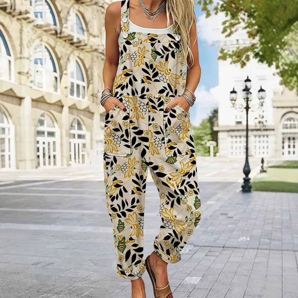 Women Summer New Bohemian Buckle Suspender Overalls Casual Sleeveless Bib Pants