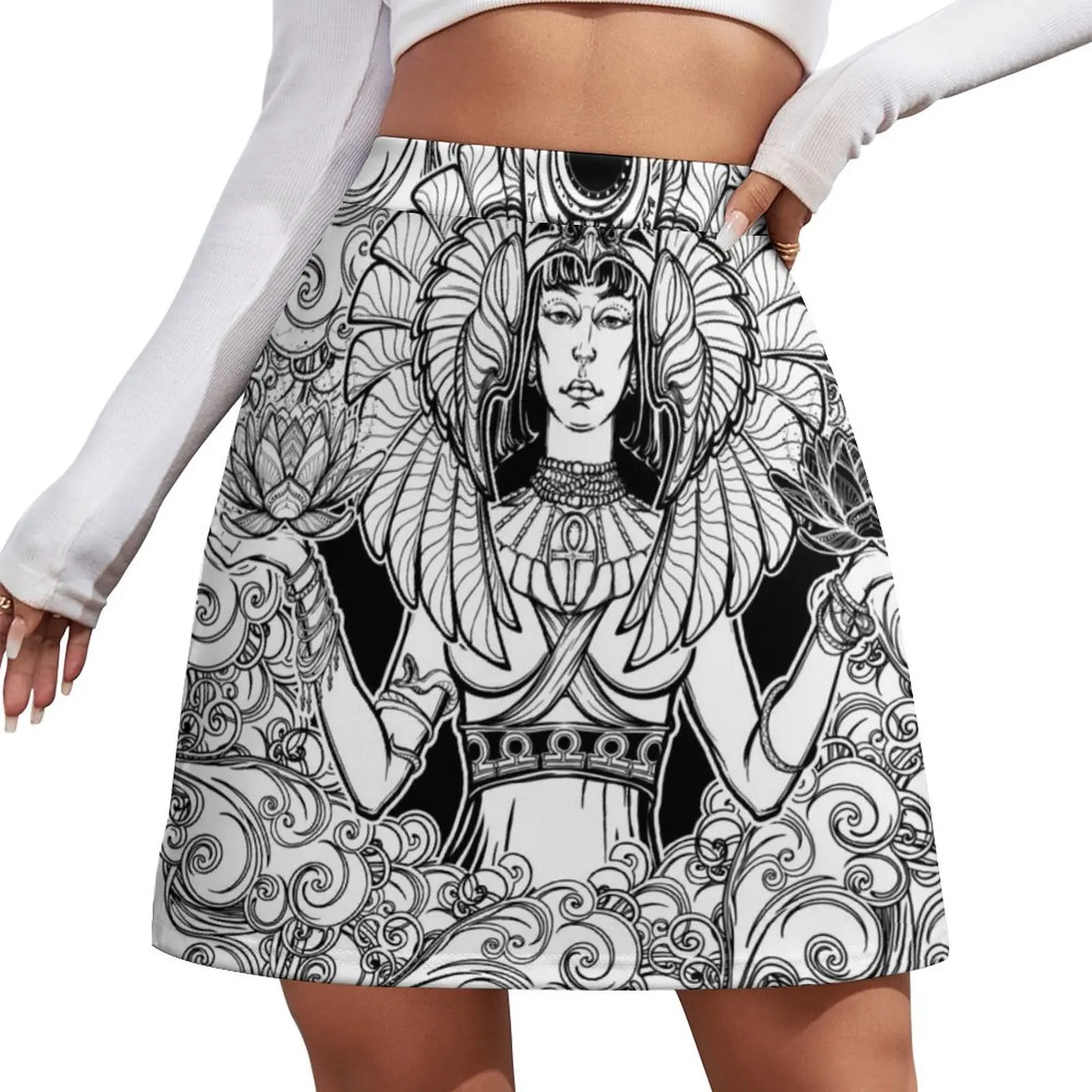 Zodiac sign Libra. Egyptian goddess Isis balancing in hands black and white lotus as a symbol of equilibrium. Decorat Mini Skirt