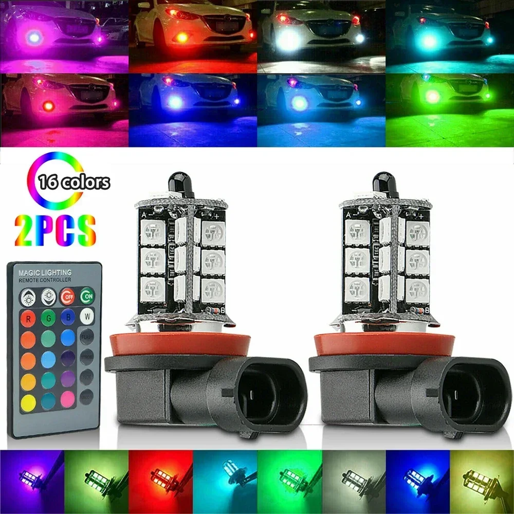 

2X RGB H8/H11 H7 H4 Car LED Fog Lights Bulb 5050 27SMD Chips Color Changing Remote Contro Aotu Headlight Lamp With 12V 24V