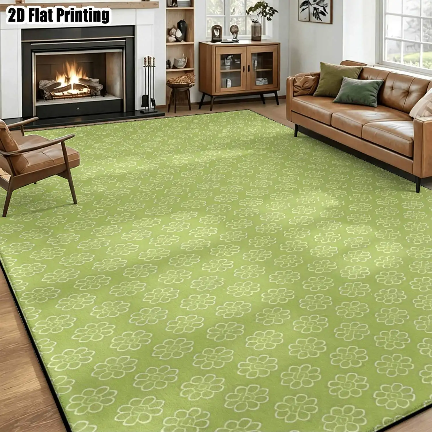 1Pc 2D Printed Carpet: Fresh Green Base, Four-Leaf Flower Pattern Nordic/Instagram Style, Modern Minimalist Geometric Floor Mat, Home Decor. Multi-Size, Machine Washable. Ideal for Entryway, Dining Room, Bedroom, Study, Living Room.